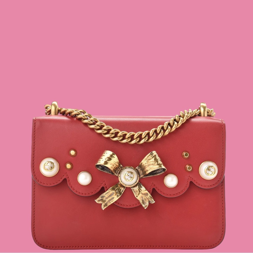Gucci Calfskin Peony Small Chain Shoulder Bag Red